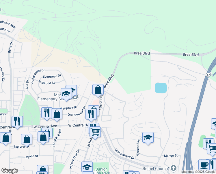 map of restaurants, bars, coffee shops, grocery stores, and more near 1203 Grand Canyon in Brea