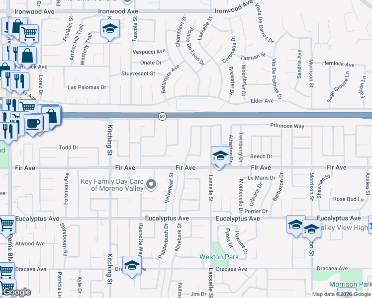 map of restaurants, bars, coffee shops, grocery stores, and more near 12596 Broadleaf Lane in Moreno Valley