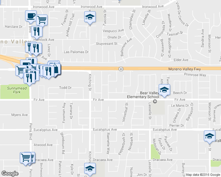 map of restaurants, bars, coffee shops, grocery stores, and more near 12602 Peachleaf Street in Moreno Valley