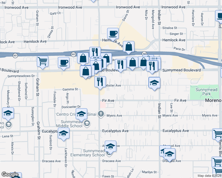 map of restaurants, bars, coffee shops, grocery stores, and more near 24136 Webster Avenue in Moreno Valley