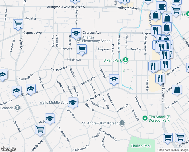 map of restaurants, bars, coffee shops, grocery stores, and more near 5549 Challen Avenue in Riverside
