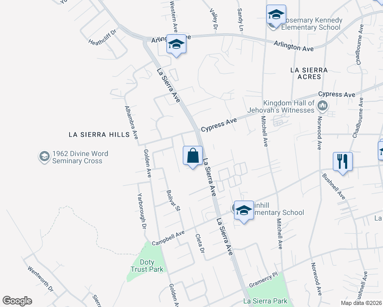 map of restaurants, bars, coffee shops, grocery stores, and more near 5983 Kings Ranch Road in Riverside