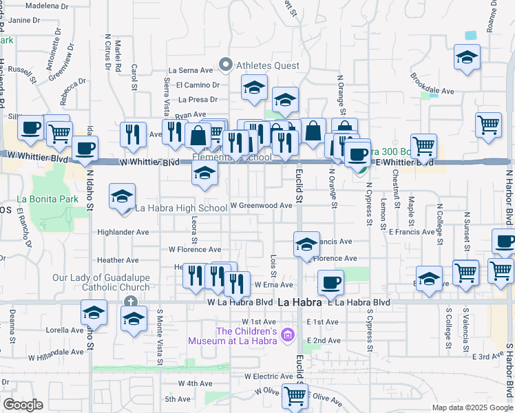 map of restaurants, bars, coffee shops, grocery stores, and more near 619 North Hazel Street in La Habra