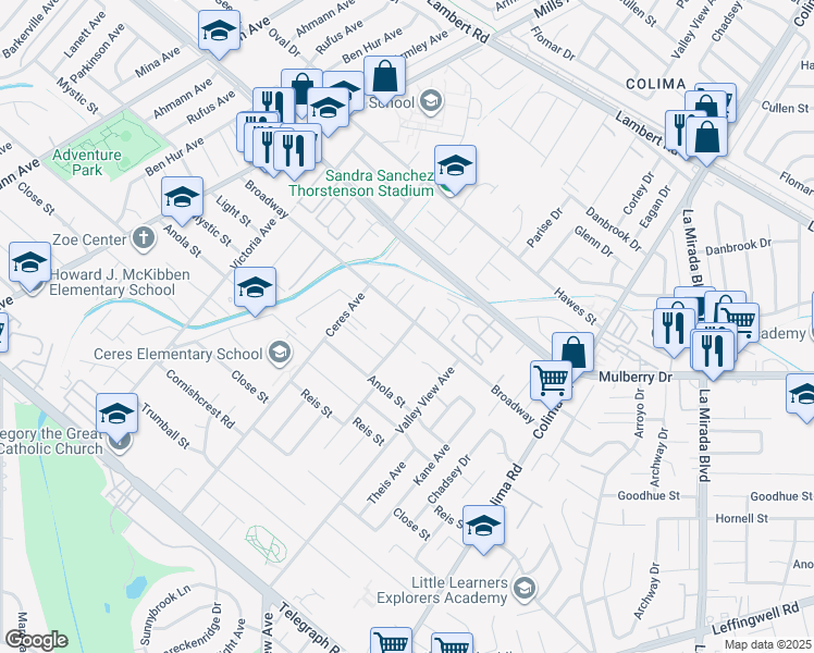 map of restaurants, bars, coffee shops, grocery stores, and more near 14466 Broadway in Whittier