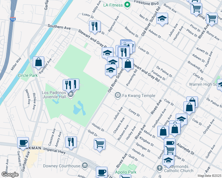 map of restaurants, bars, coffee shops, grocery stores, and more near 11995 Old River School Road in Downey