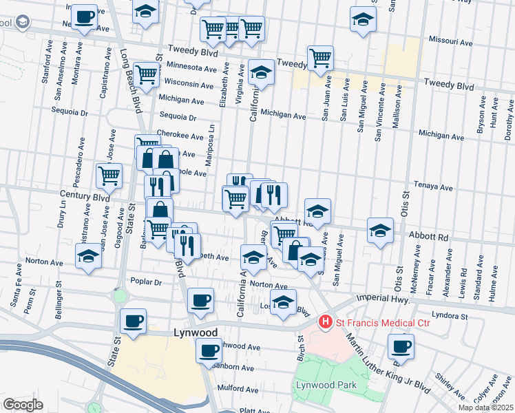 map of restaurants, bars, coffee shops, grocery stores, and more near 10531 San Antonio Avenue in South Gate