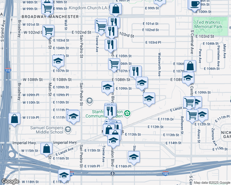 map of restaurants, bars, coffee shops, grocery stores, and more near 617 East 109th Street in Los Angeles