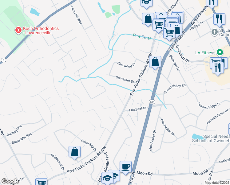 map of restaurants, bars, coffee shops, grocery stores, and more near 401 Sarah Lane in Lawrenceville
