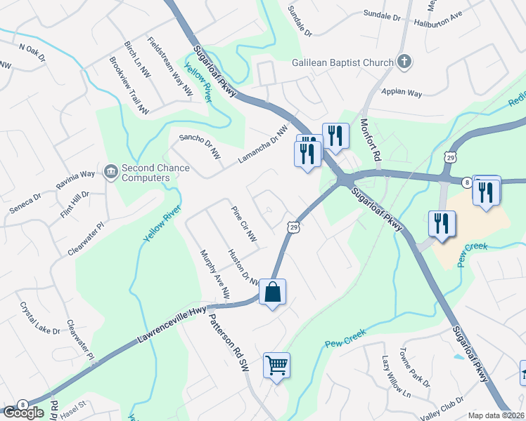 map of restaurants, bars, coffee shops, grocery stores, and more near 4380 Annlette Drive Northwest in Lawrenceville