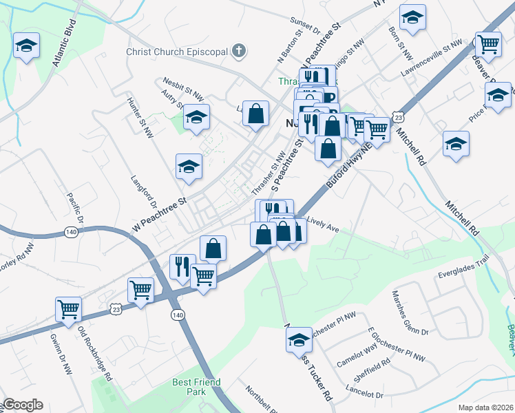 map of restaurants, bars, coffee shops, grocery stores, and more near 450 South Peachtree Street in Norcross