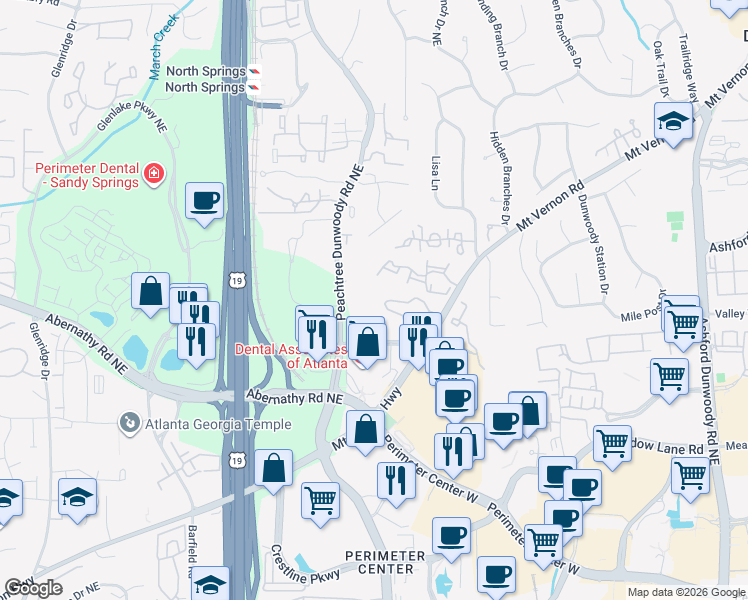 map of restaurants, bars, coffee shops, grocery stores, and more near 832 Preston Woods Trail in Atlanta