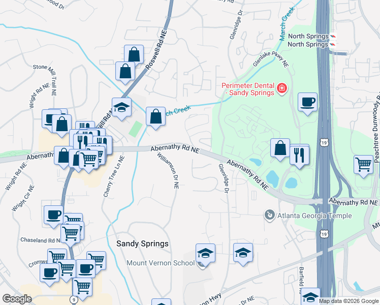 map of restaurants, bars, coffee shops, grocery stores, and more near 708 Willow Creek Drive Northeast in Sandy Springs