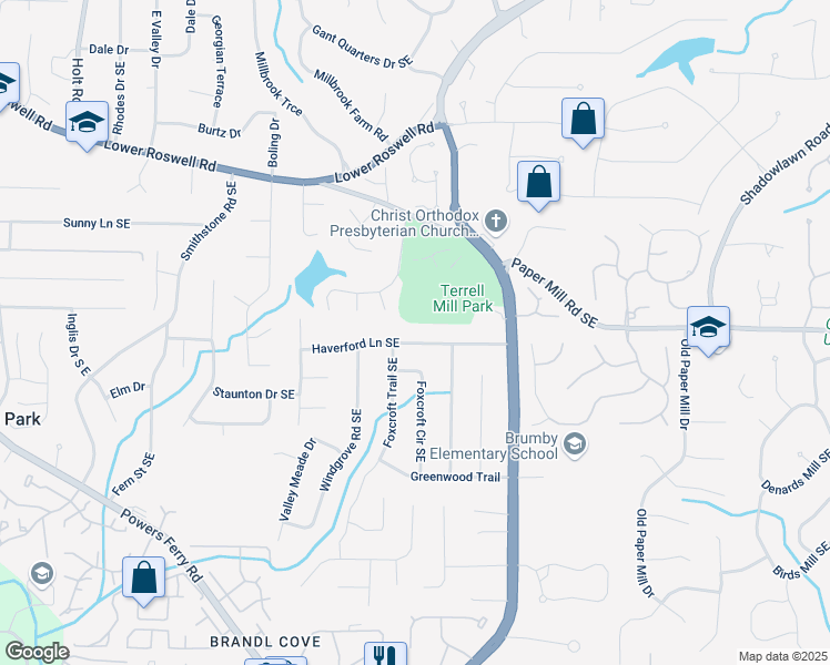 map of restaurants, bars, coffee shops, grocery stores, and more near 3019 Haverford Lane Southeast in Marietta