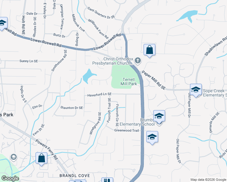 map of restaurants, bars, coffee shops, grocery stores, and more near 3007 Haverford Lane Southeast in Marietta