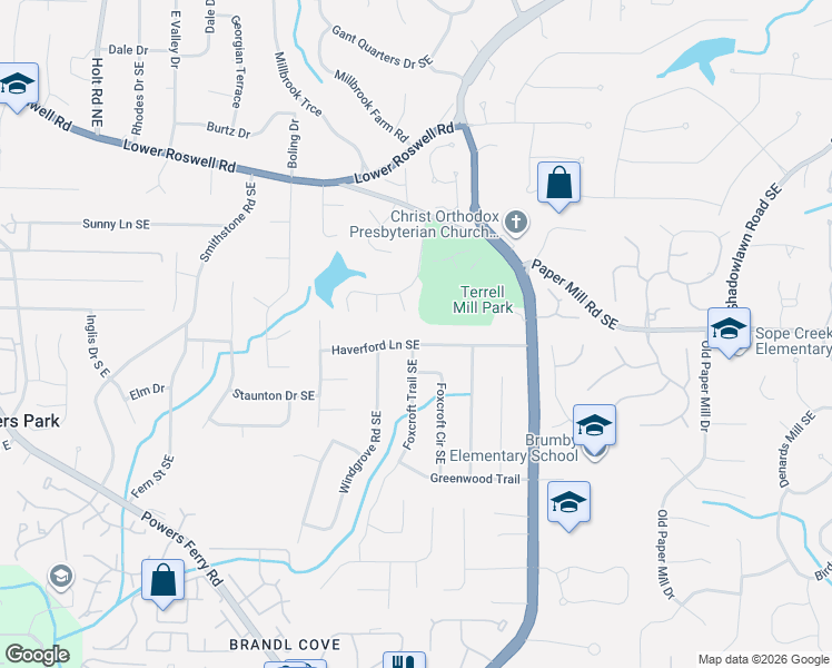map of restaurants, bars, coffee shops, grocery stores, and more near 2995 Haverford Lane Southeast in Marietta