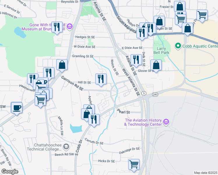 map of restaurants, bars, coffee shops, grocery stores, and more near 237 Hill Street Southeast in Marietta