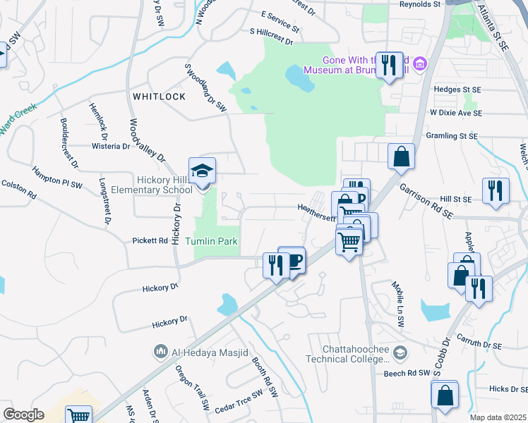 map of restaurants, bars, coffee shops, grocery stores, and more near 268 Toweridge Drive Southwest in Marietta