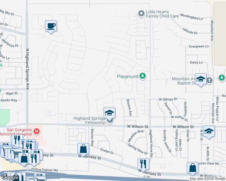 map of restaurants, bars, coffee shops, grocery stores, and more near 5281 Larkspur Road in Banning