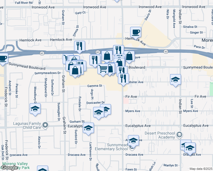 map of restaurants, bars, coffee shops, grocery stores, and more near 23844 Gamma Street in Moreno Valley