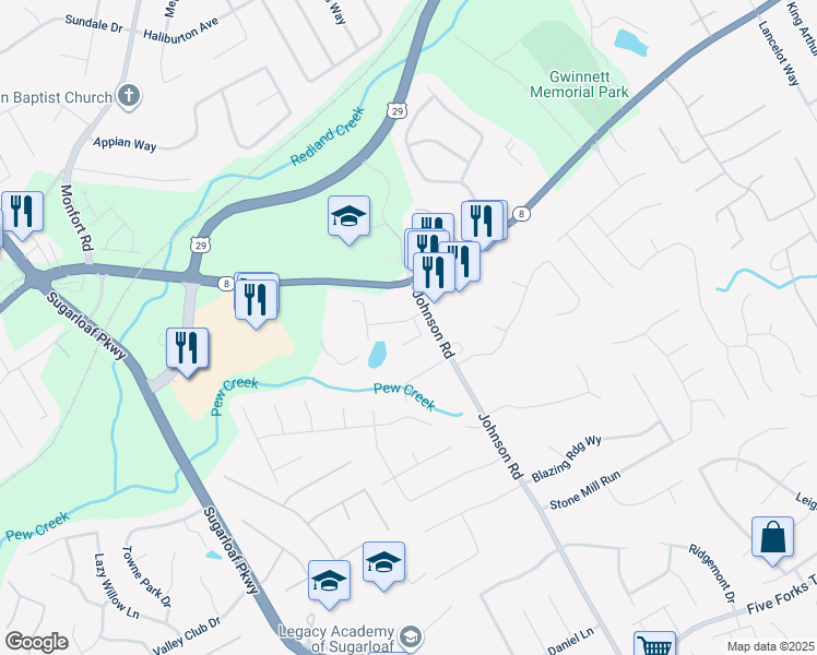 map of restaurants, bars, coffee shops, grocery stores, and more near 223 August West Way in Lawrenceville