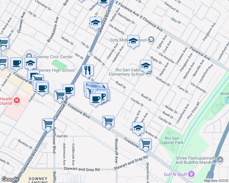 map of restaurants, bars, coffee shops, grocery stores, and more near 9177 Cecilia Street in Downey