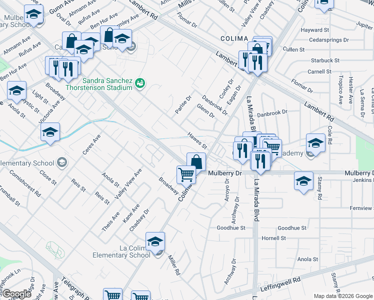 map of restaurants, bars, coffee shops, grocery stores, and more near 14718 Terryknoll Drive in Whittier