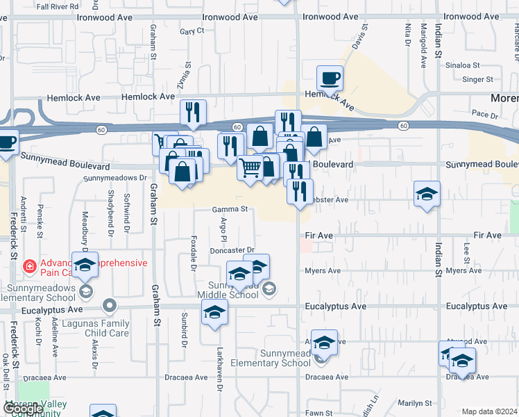 map of restaurants, bars, coffee shops, grocery stores, and more near 23844 Gamma Street in Moreno Valley