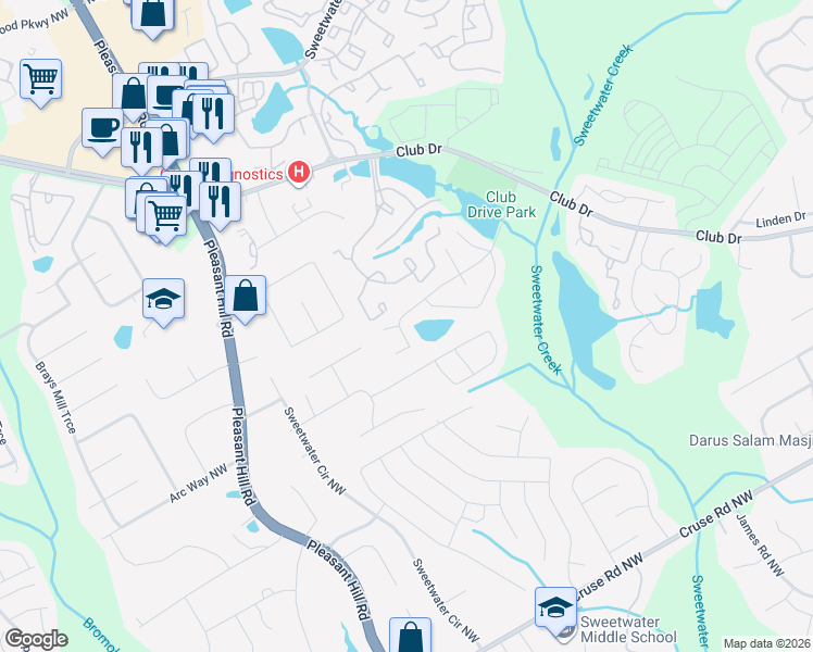 map of restaurants, bars, coffee shops, grocery stores, and more near 3439 Rolling Ridge Road in Lawrenceville