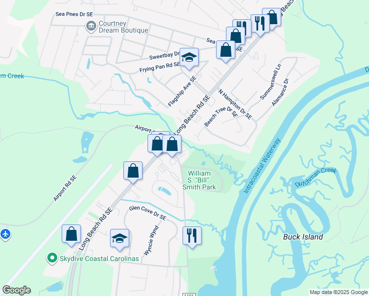 map of restaurants, bars, coffee shops, grocery stores, and more near 4370 Fish Factory Road Southeast in Southport