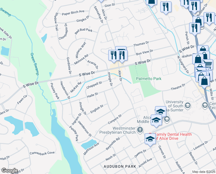 map of restaurants, bars, coffee shops, grocery stores, and more near 711 Pringle Drive in Sumter