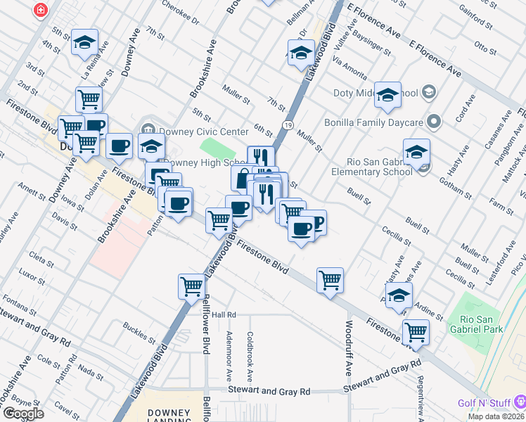 map of restaurants, bars, coffee shops, grocery stores, and more near 217 Stonewood Street in Downey