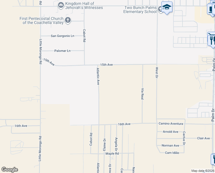 map of restaurants, bars, coffee shops, grocery stores, and more near 65850 Pierson Boulevard in Desert Hot Springs