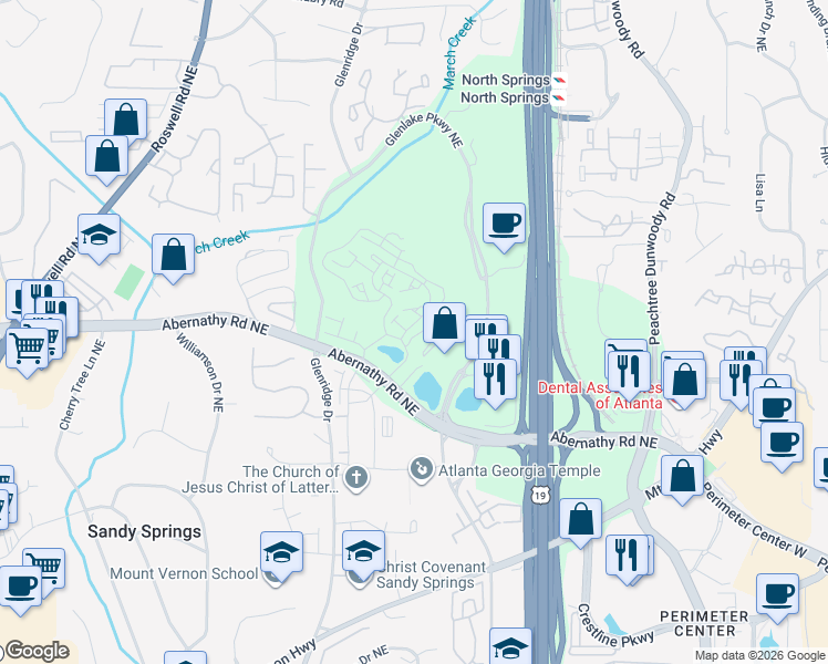map of restaurants, bars, coffee shops, grocery stores, and more near 6601 Cadence Boulevard in Sandy Springs