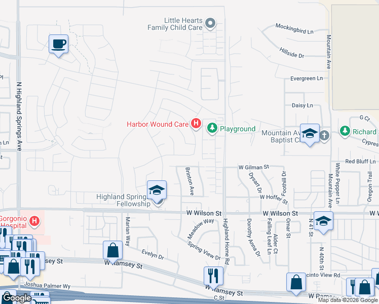 map of restaurants, bars, coffee shops, grocery stores, and more near 5087 West Gilman Street in Banning