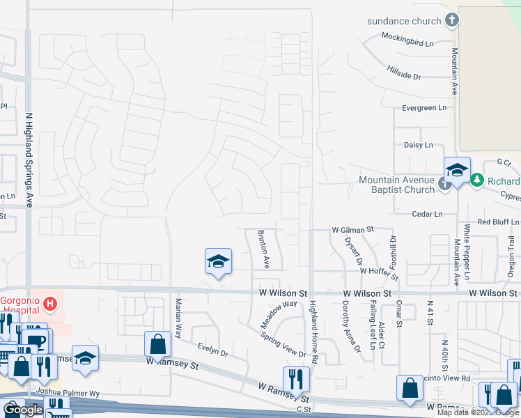 map of restaurants, bars, coffee shops, grocery stores, and more near 5097 Larkspur Road in Banning