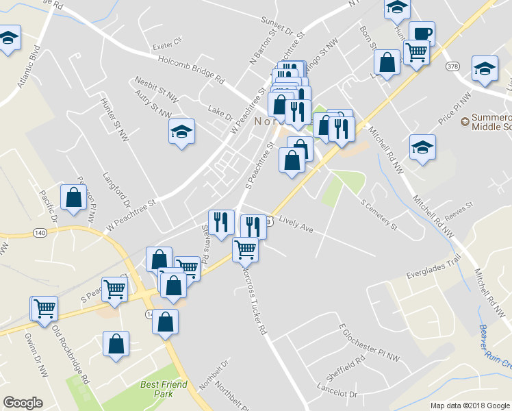 map of restaurants, bars, coffee shops, grocery stores, and more near 131 Lively Avenue in Norcross