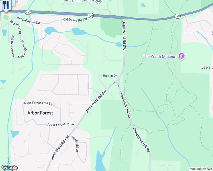 map of restaurants, bars, coffee shops, grocery stores, and more near 700 John Ward Rd SW in Marietta