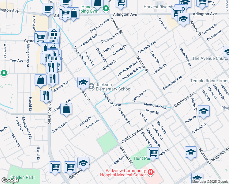 map of restaurants, bars, coffee shops, grocery stores, and more near 8943 Delano Drive in Riverside