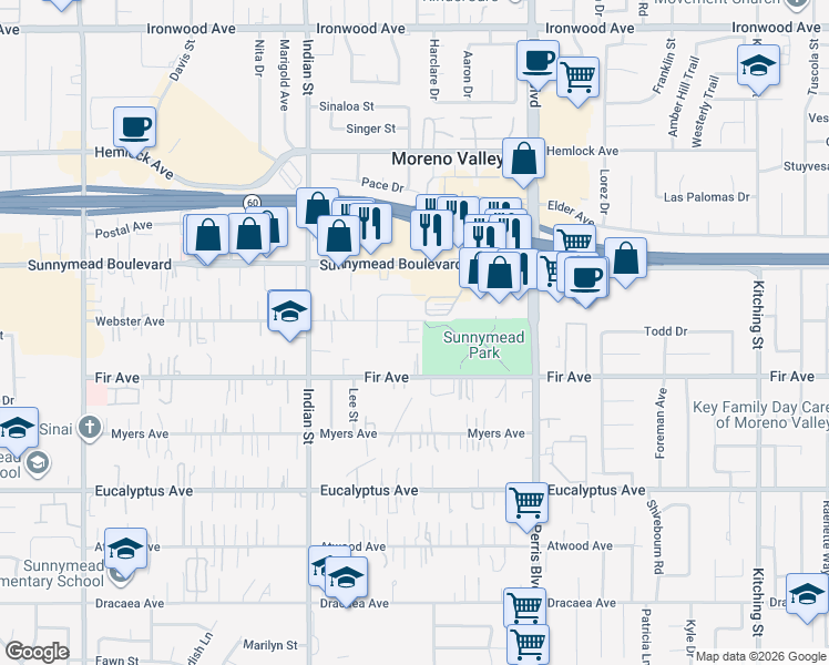 map of restaurants, bars, coffee shops, grocery stores, and more near 24745 Webster Avenue in Moreno Valley