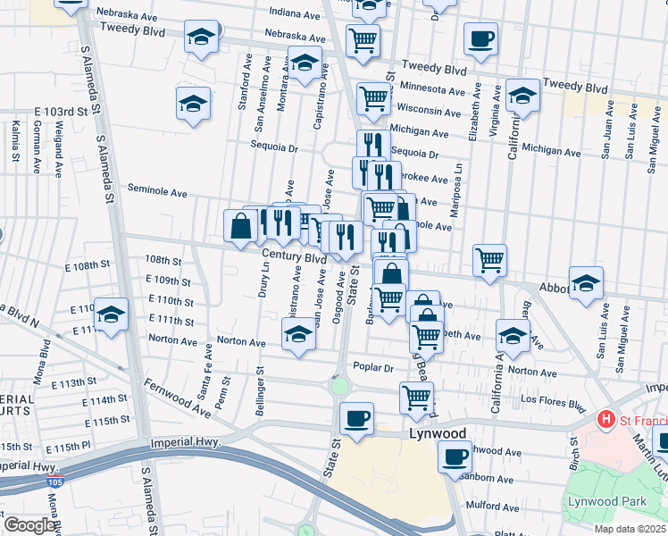 map of restaurants, bars, coffee shops, grocery stores, and more near 3173 Century Boulevard in South Gate