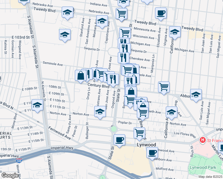 map of restaurants, bars, coffee shops, grocery stores, and more near 3152 Martin Luther King Junior Boulevard in Lynwood