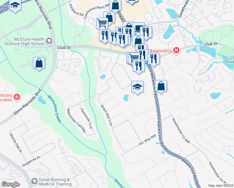 map of restaurants, bars, coffee shops, grocery stores, and more near 1376 Woodington Circle in Lawrenceville