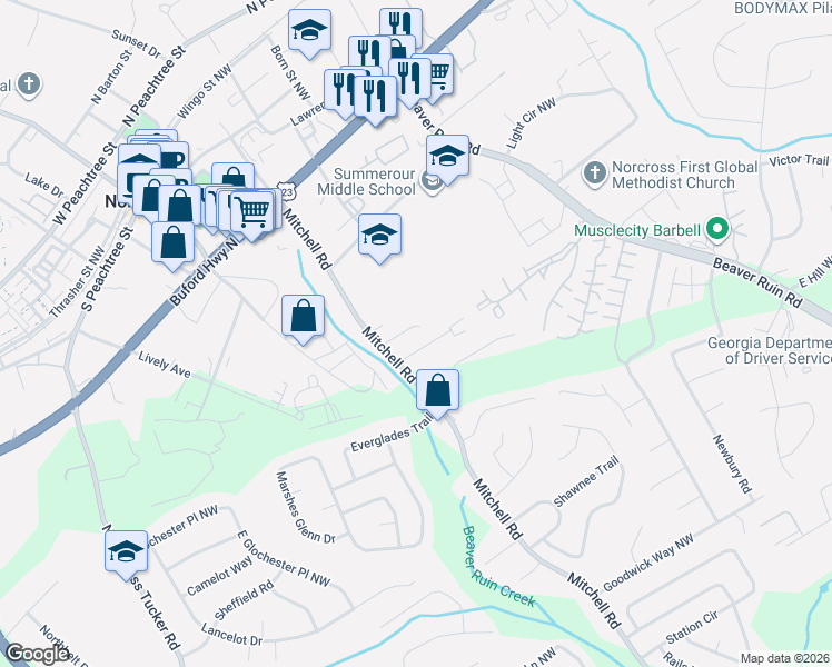 map of restaurants, bars, coffee shops, grocery stores, and more near 675 Mitchell Road Northwest in Norcross