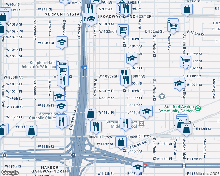 map of restaurants, bars, coffee shops, grocery stores, and more near 203 West 109th Street in Los Angeles