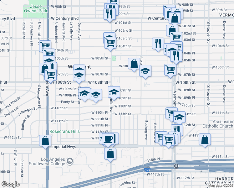 map of restaurants, bars, coffee shops, grocery stores, and more near 1336 West 109th Place in Los Angeles