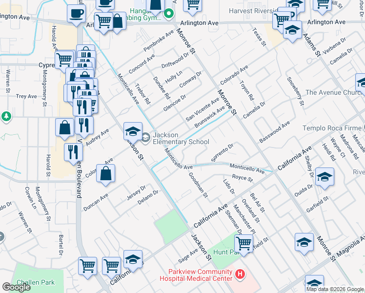 map of restaurants, bars, coffee shops, grocery stores, and more near 8943 Delano Drive in Riverside