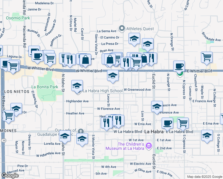 map of restaurants, bars, coffee shops, grocery stores, and more near 581 West Greenwood Avenue in La Habra