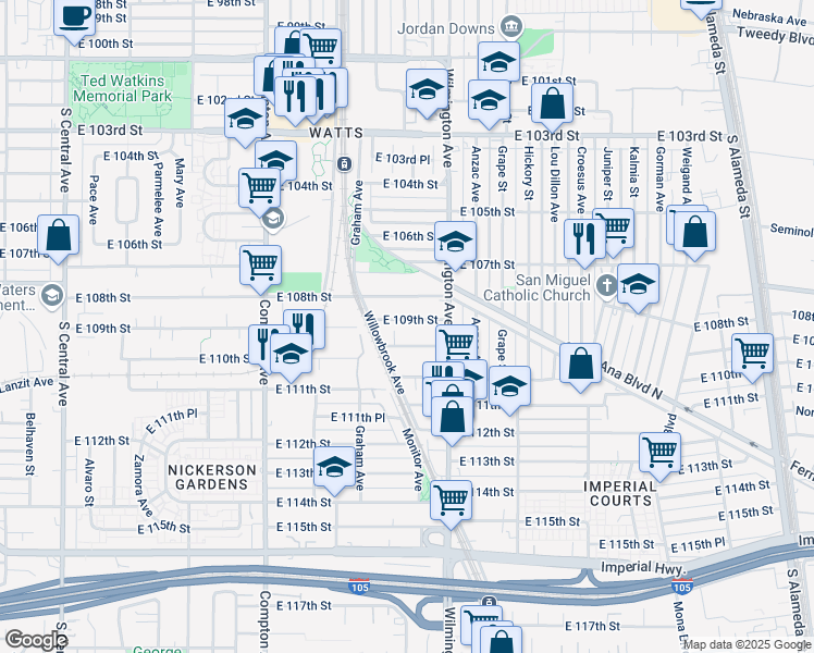 map of restaurants, bars, coffee shops, grocery stores, and more near 1806 East 108th Street in Los Angeles