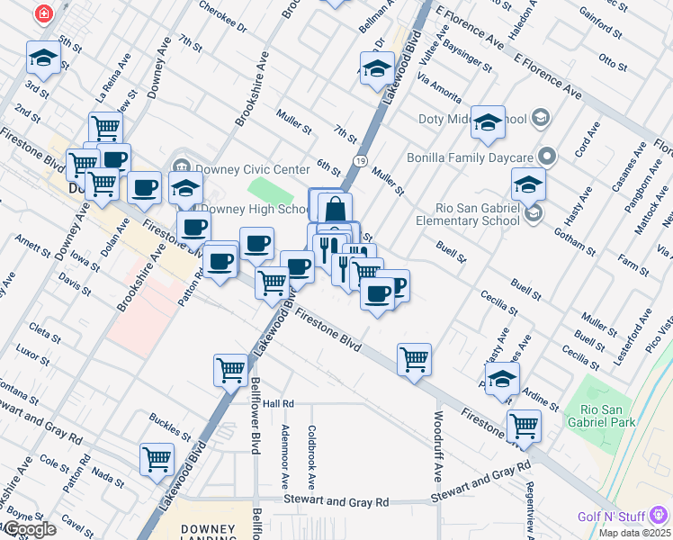 map of restaurants, bars, coffee shops, grocery stores, and more near 159 Stonewood Street in Downey