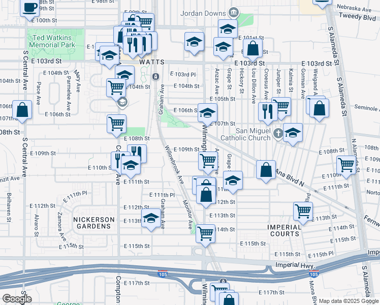 map of restaurants, bars, coffee shops, grocery stores, and more near 1814 East 109th Street in Los Angeles
